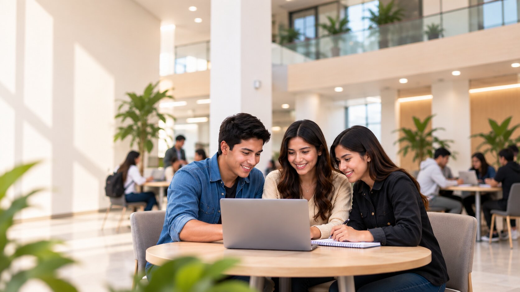 Tres estudiantes del Instituto San Francisco trabajando juntos frente a una laptop